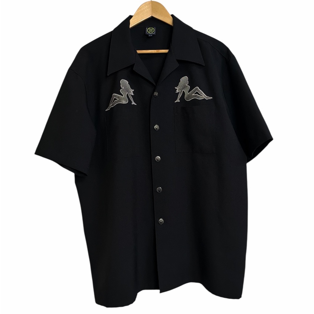 Randy River Embroidered Pinup Shirt Black Short Sleeve Button Up XL